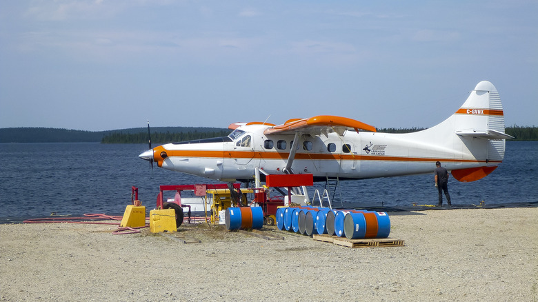 Seaplane by the shore of Caniapiscau Reservoir in Quebec