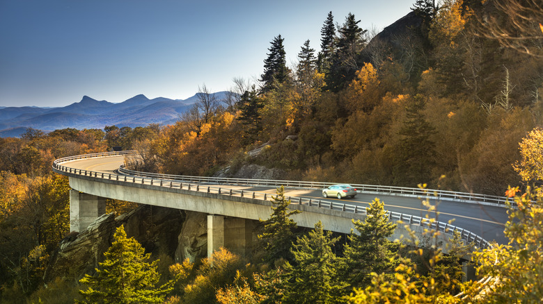a single car traveling on a scenic road surrounded by green and yellow trees and shrubs with mountains in the distance