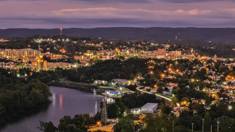 Aerial shot of Morgantown at dusk