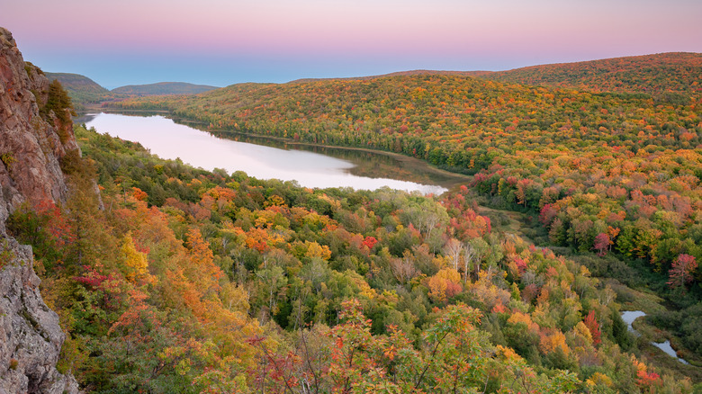 Autumn landscape at twilight, Lake of the Clouds, Porcupine Mountains Wilderness State Park, Michigan's Upper Peninsula