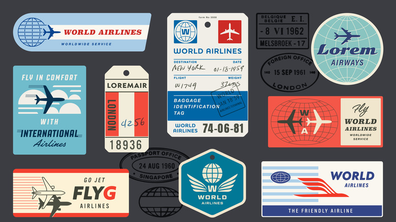 Rendering of vintage travel luggage tags, labels and passport stamps