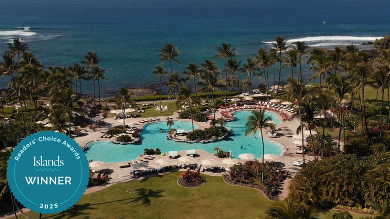 Pool next to the ocean surrounded by palm trees at the Fairmont Orchid in Hawaii