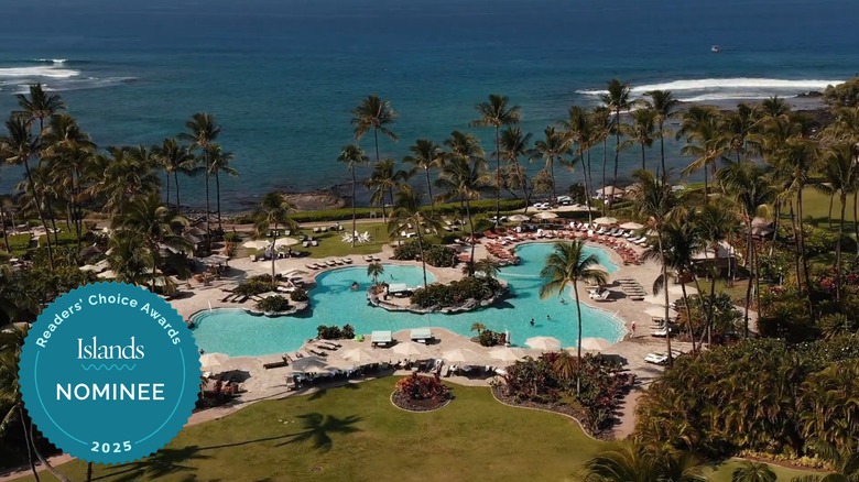Pool next to the ocean surrounded by palm trees at the Fairmont Orchid in Hawaii