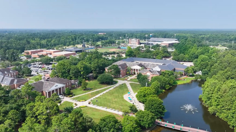 Aerial view of buildings, water, and trees in Red Hill