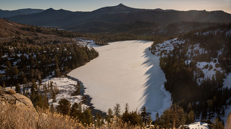 View of Red Lake when it's frozen and covered in ice and snow.