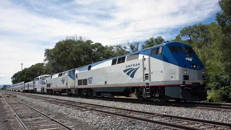An Amtrak train running on a track during the middle of the day