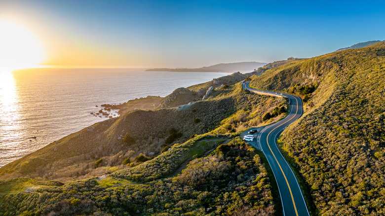 Aerial view at sunset along California's Pacific Coast Highway