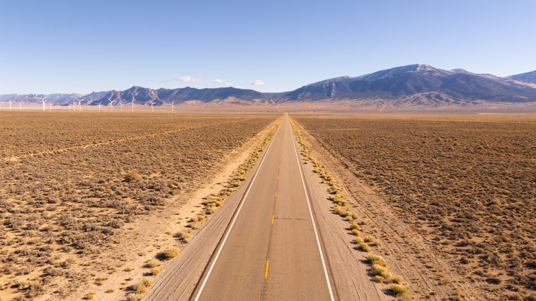 Aerial view of the desert and mountains along Route 50 in Nevada
