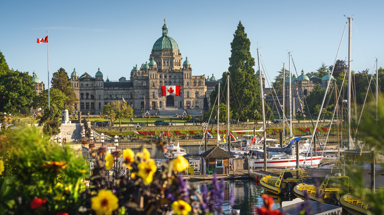 Grand buildings rise in the heart of Victoria, British Columbia