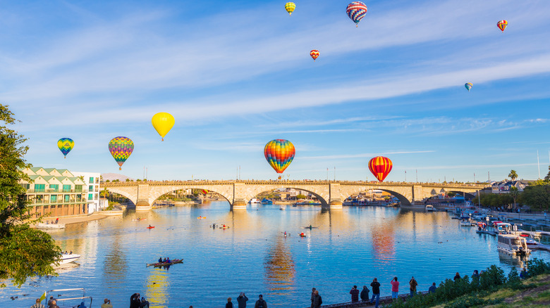 hot air balloons released above the London Bridge in Lake Havasu City