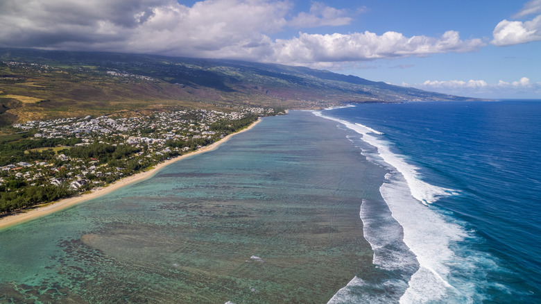 Aerial view of the coastline in Reunion, France