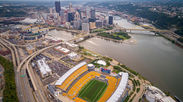 A birds eye view of the Steelers and Pirates stadiums and downtown in the background