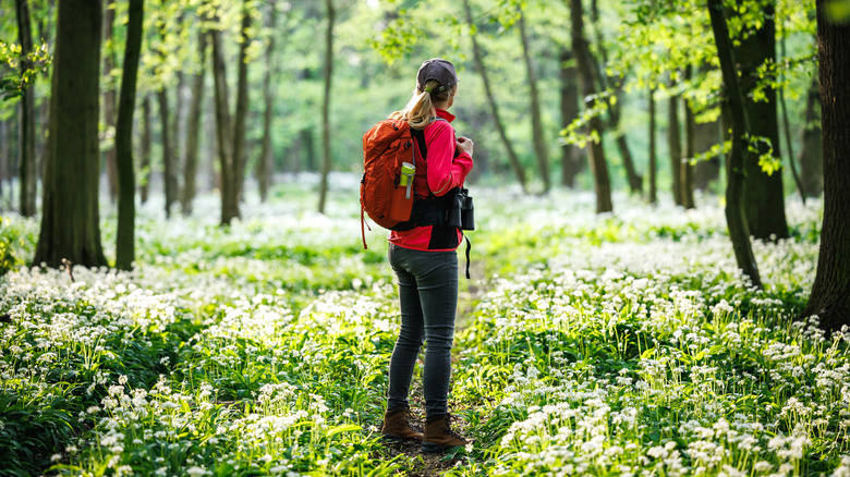 A woman with a cap, backpack, binoculars, and hiking boots stands among white wildflowers in a forest