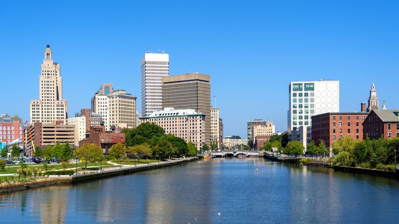 Buildings on the riverbank of the Providence River in Rhode Island