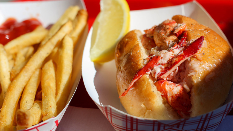 Close-up of lobster roll french fries meal.