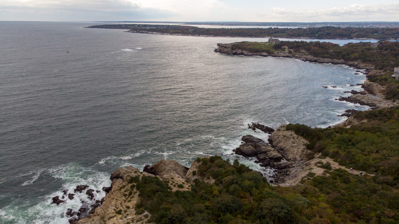 Aerial view of coastal water lapping at Fort Wetherill State Park in Rhode Island