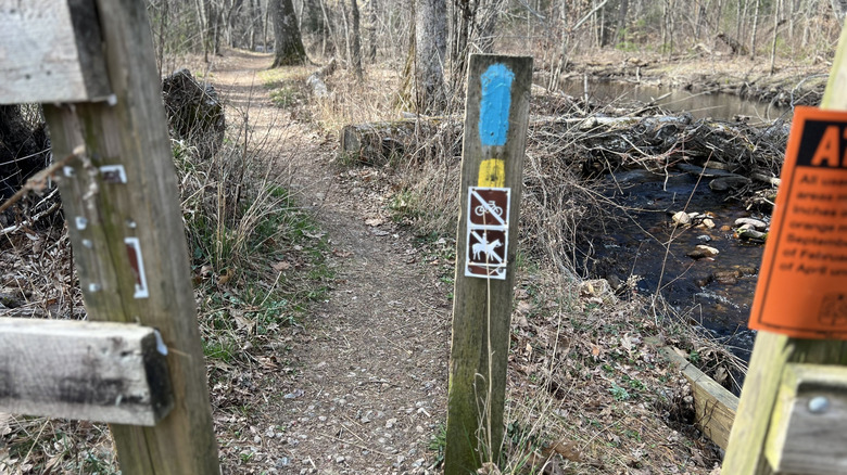 A sign prohibits horses and bicycles at a trailhead in Rhode Island
