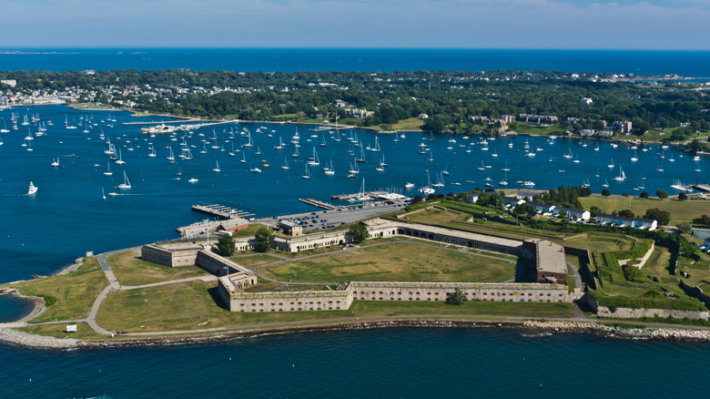Fort Adams State Park in a harbor full of boats in Rhode Island