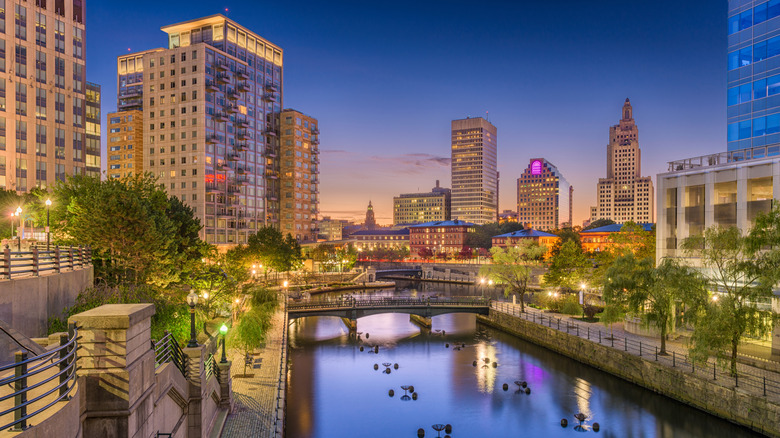 Providence, Rhode Island, skyline and river at dusk