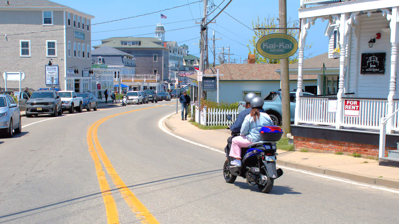 Couple biking in downtown New Shoreham