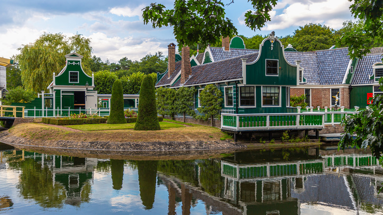 Green wooden houses at the Dutch Open Air Museum