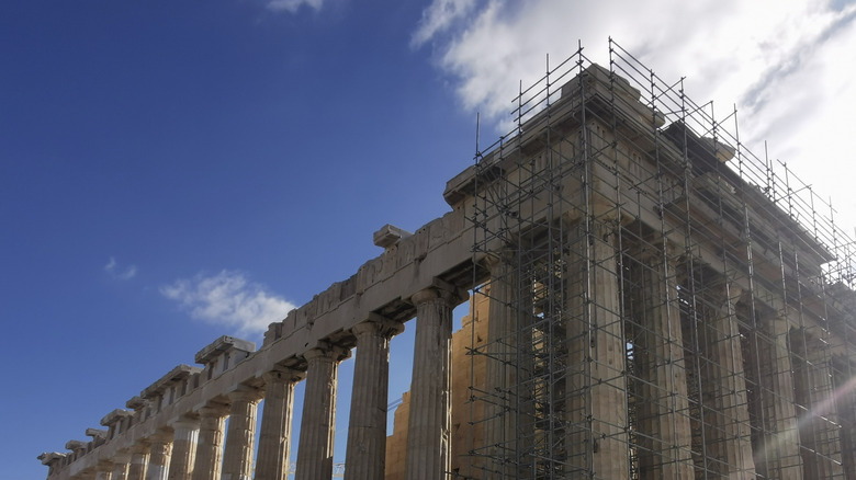 Scaffolding covers the front of the incredible Athenian Parthenon