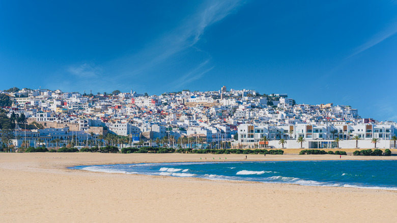 Tangier beach with the white Medina in the background