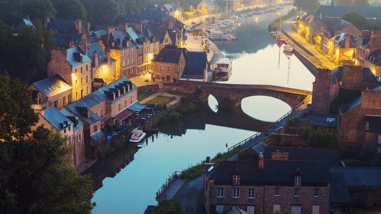 Aerial view of Dinan, France, at dusk