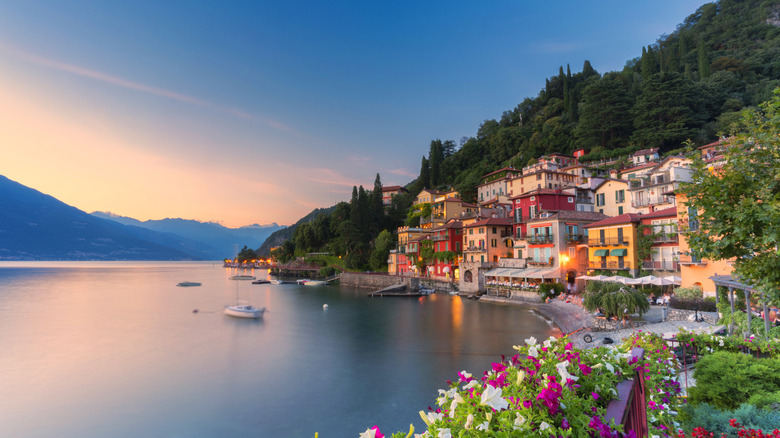 Sunset in the village of Varenna, whose colorful houses line the shore of Lake Como