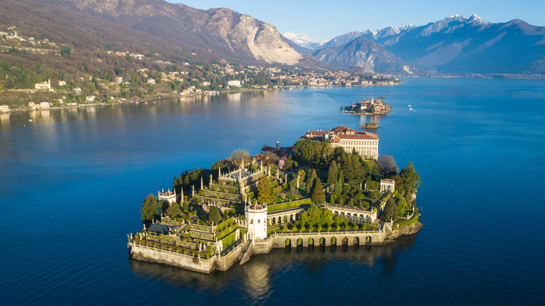 An aerial view over the terraced gardens and Baroque palace of Isola Bella on Lake Maggiore
