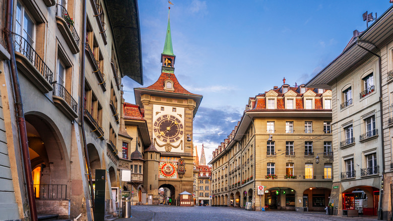 Cobbled streets of Bern, Switzerland with the Zytglogge clock tower in the background