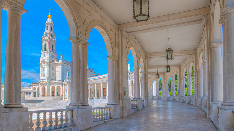 Arches and church tower in the Sanctuary of Fatima