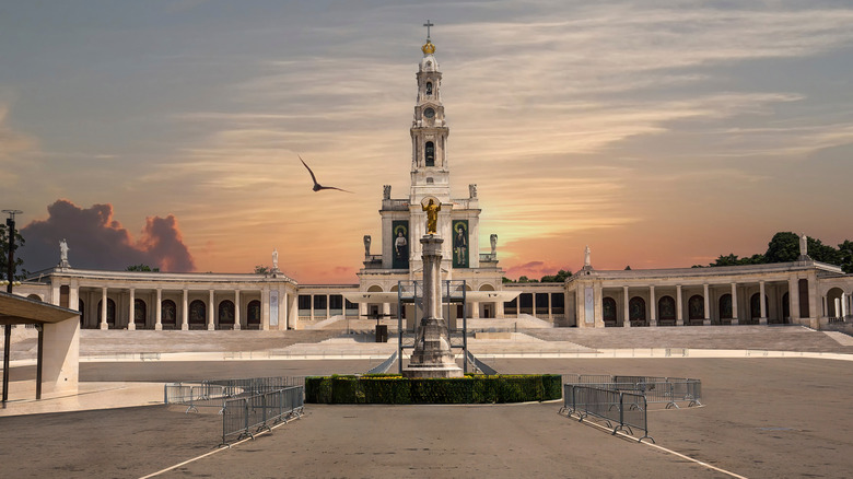 White church exteriors and details of Sanctuary of Our Lady of Fatima