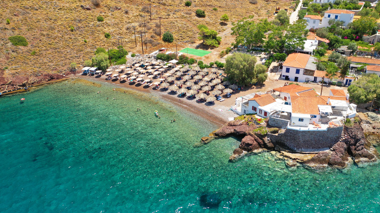 Greek beach with umbrellas