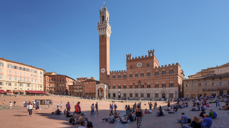 A veiw of tourists in Piazza del Campo in Siena, Italy