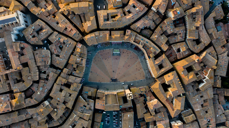 An aerial view of Piazza del Campo in Siena, Italy