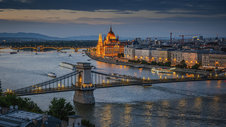 View of the Budapest skyline along the Danube river at night