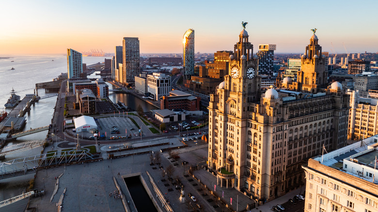 Aerial view of Liverpool city center's old and new buildings