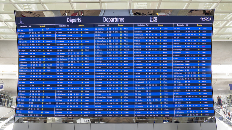 The departures sign at Charles de Gaulle Airport in Paris