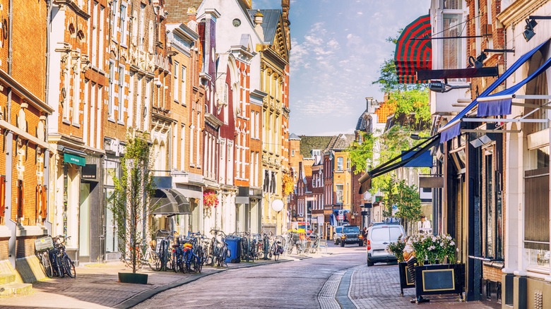 Colorful, historic street in the city of Haarlem in the Netherlands