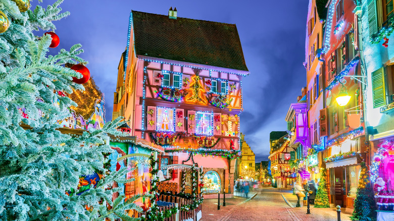 Christmas lights and Christmas trees in Alsace, France.