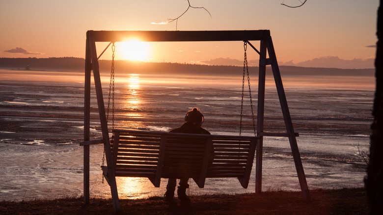 A woman on a swing enjoying the midnight sun in Finland.