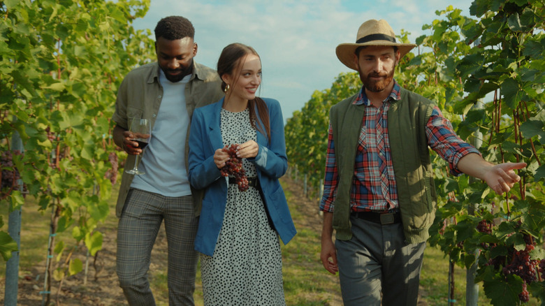 Couple on wine tour having a conversation with tour guide