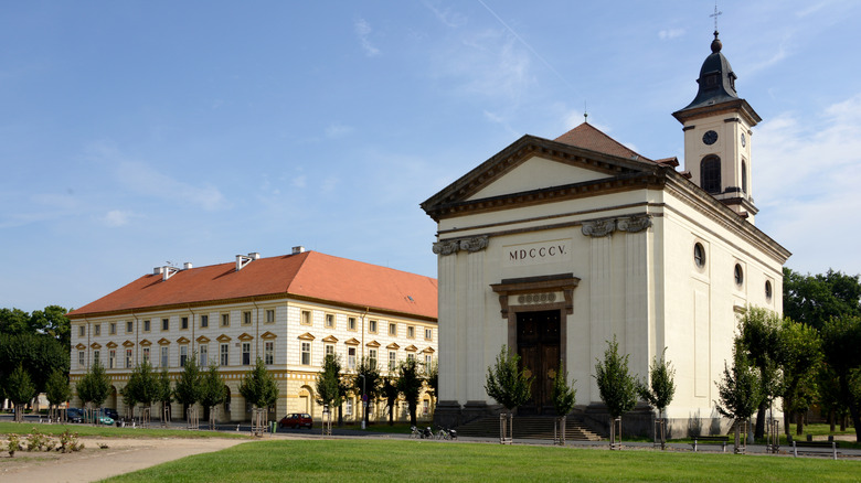 A church on Terezín's main square in Czechia