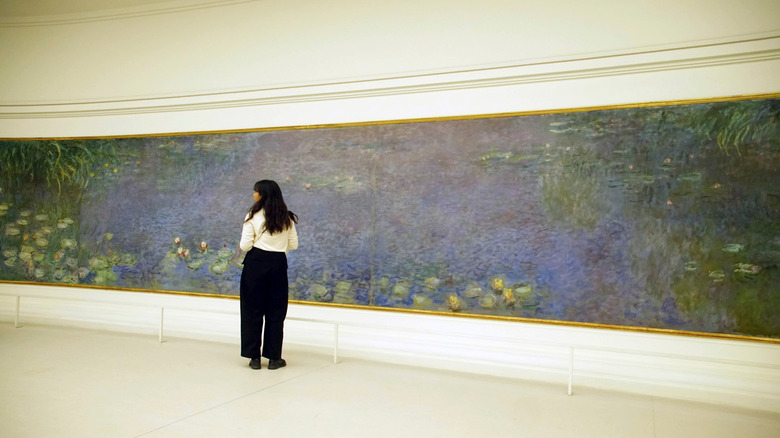 Visitor admires Monet's Water Lilies painting in Paris