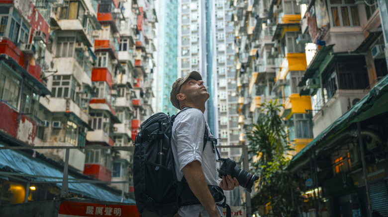Man wearing an internal-frame backpack