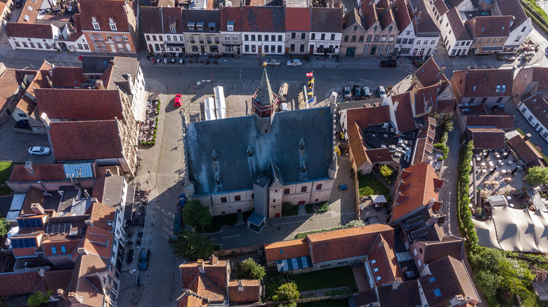 Aerial view of the Old Town square in Damme, Belgium