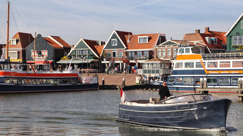 The harbor of Volendam lined with colorful fisherman's houses