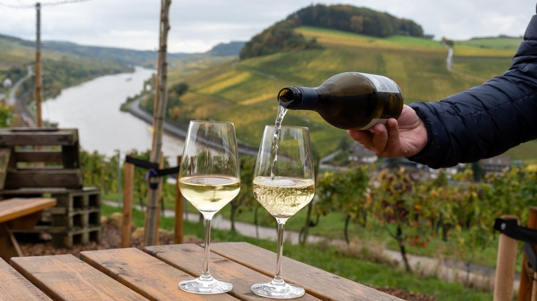Two glasses of white wine being poured on a picnic table with a view of the river