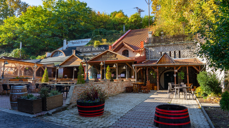 Row of stone and wooden facades of wine cellars Eger